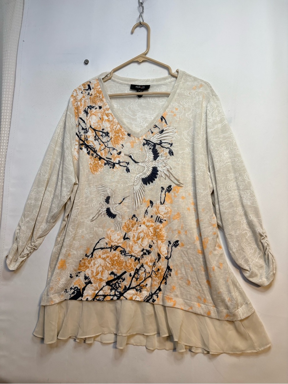 Floral Crane V-Neck Layered Hem Tunic Top - Beige and Orange by Style & Co 3X